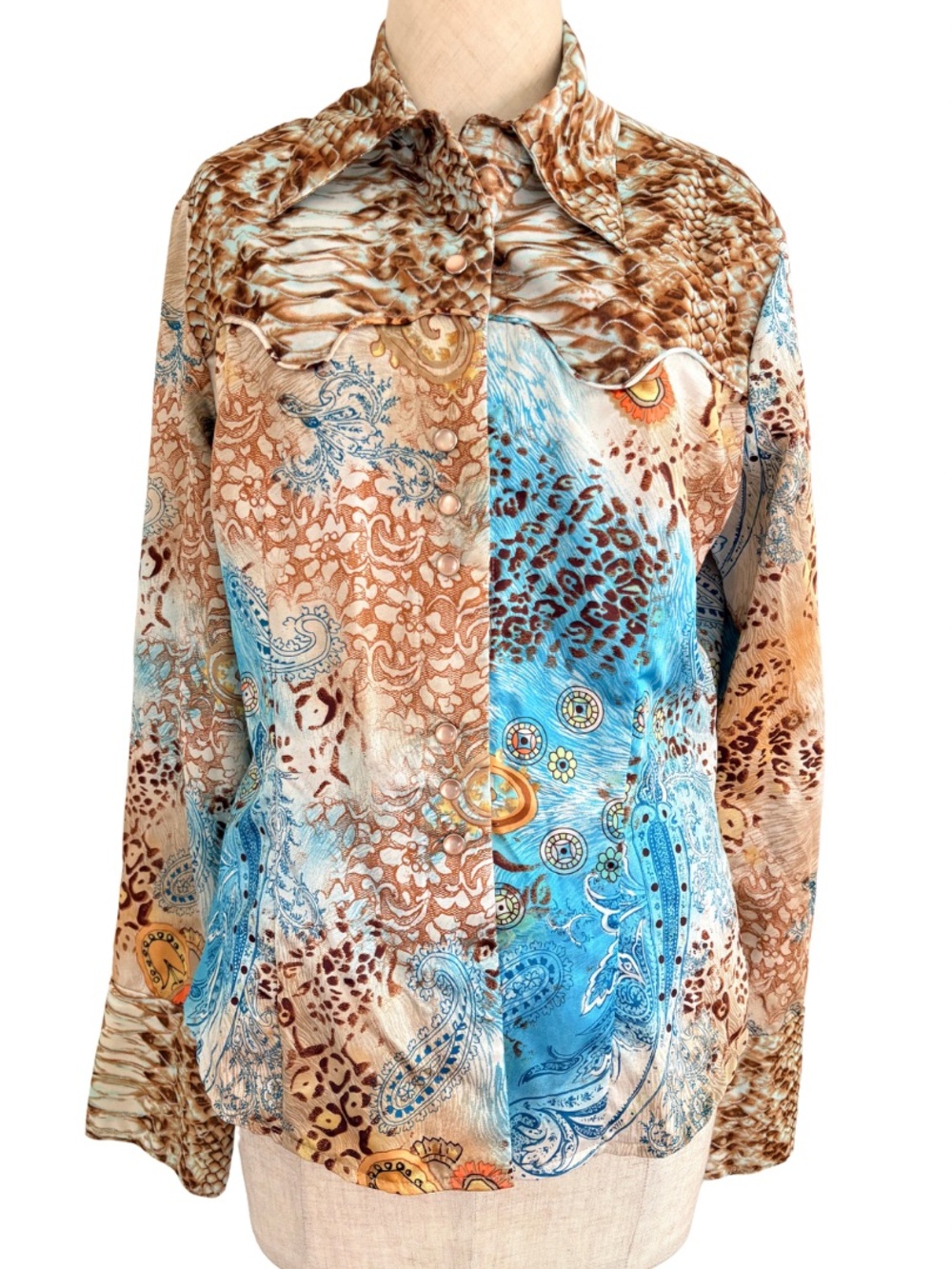 MESMERIZE VTG Y2K Paisley Animal Pattern Snap Button Front Blouse Top Shirt S